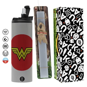 Wonder woman, Easter candle with Grey Tumbler Thermo 600ml & aromatic flat candle (30cm) (GREY)