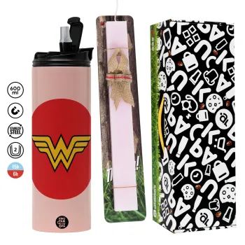Wonder woman, Πασχαλινή Λαμπάδα με  ΡΟΖ Travel Tumbler θερμό (600ml, BPA free) & κερί αρωματικό πλακέ (30cm) (ΡΟΖ)