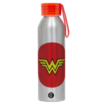 Wonder woman, Αλουμινένιο Αθλητικό Μπουκάλι 650ml – Ασημί με Κόκκινο Καπάκι και Λουράκι Σιλικόνης