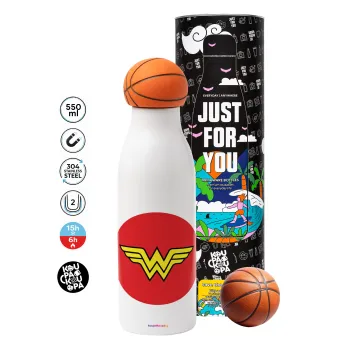 Wonder woman, Μπάλα μπάσκετ μεταλλικό παγούρι θερμός, διπλού τοιχώματος, 550ml