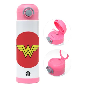 Wonder woman, Children's hot water bottle, stainless steel, with safety straw, PINK (500ml)
