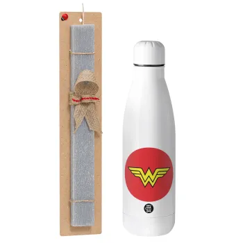 Wonder woman, Easter Set, metallic stainless thermos bottle (500ml) & scented flat Easter candle (30cm) (GRAY)
