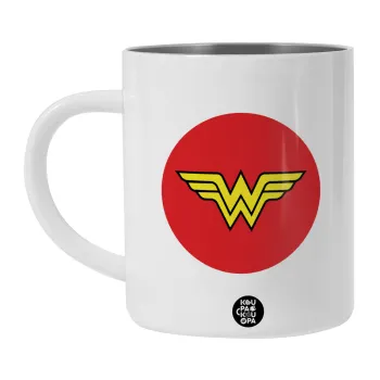 Wonder woman, Λευκή Ανοξείδωτη Μεταλλική Κούπα 450ml - Διπλού Τοιχώματος 