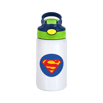 Superman, Children's hot water bottle, stainless steel, with safety straw, green, blue (350ml)