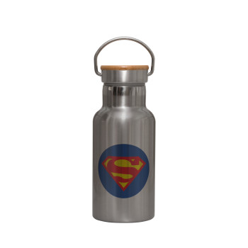 Superman, Μεταλλικό παγούρι θερμός (Stainless steel) Ασημένιο με ξύλινο καπακι (bamboo), διπλού τοιχώματος, 350ml