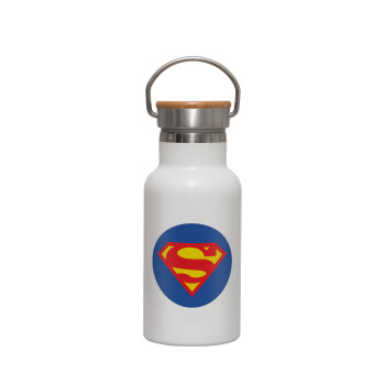 Superman, Μεταλλικό παγούρι θερμός (Stainless steel) Λευκό με ξύλινο καπακι (bamboo), διπλού τοιχώματος, 350ml