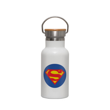 Superman, Metallic thermos (Stainless steel) White with wooden lid (bamboo), double-walled, 350ml