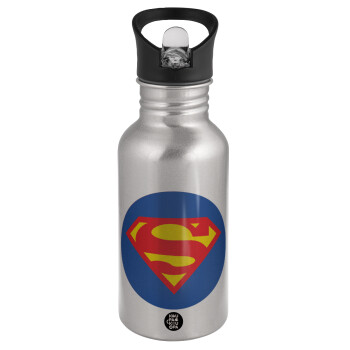 Superman, Παγούρι νερού Ασημένιο με καλαμάκι, ανοξείδωτο ατσάλι 500ml