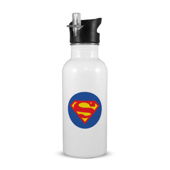 Superman, White water bottle with straw, stainless steel 600ml