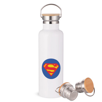 Superman, Μεταλλικό παγούρι θερμός (Stainless steel) Λευκό με ξύλινο καπακι (bamboo), διπλού τοιχώματος, 750ml