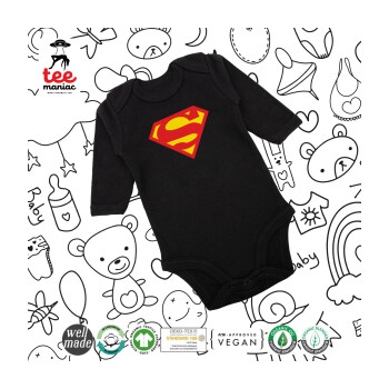Superman, Μακρυμάνικο βρεφικό φορμάκι, 0-18 μηνών, ΜΑΥΡΟ, 100% Organic Cotton