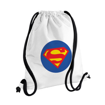 Superman, Backpack pouch GYMBAG white, with pocket (40x48cm) & thick cords