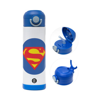 Superman, Παιδικό παγούρι θερμό, ανοξείδωτο, με καλαμάκι ασφαλείας, ΜΠΛΕ (500ml)