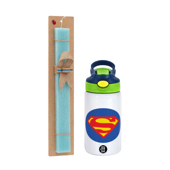 Superman, Πασχαλινό Σετ, Παιδικό παγούρι θερμό, ανοξείδωτο, με καλαμάκι ασφαλείας, πράσινο/μπλε (350ml) & πασχαλινή λαμπάδα αρωματική πλακέ (30cm) (ΤΙΡΚΟΥΑΖ)