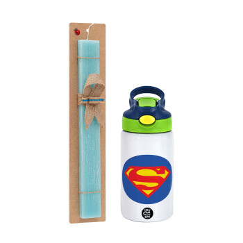 Superman, Easter Set, Children's thermal stainless steel bottle with safety straw, green/blue (350ml) & aromatic flat Easter candle (30cm) (TURQUOISE)