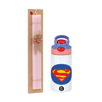 Superman, Easter Set, Children's thermal stainless steel water bottle with safety straw, pink/purple (350ml) & Easter scented flat candle (30cm) (PINK)