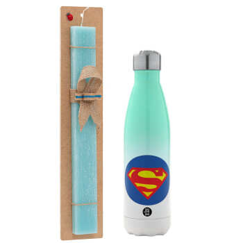 Superman, Easter Set, Metallic green/white thermos (Stainless steel), double-walled, 500ml & scented flat Easter candle (30cm) (TURQUOISE)