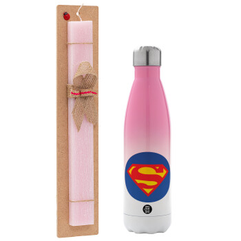 Superman, Πασχαλινό Σετ, Μεταλλικό παγούρι θερμός Ροζ/Λευκό (Stainless steel), διπλού τοιχώματος, 500ml & πασχαλινή λαμπάδα αρωματική πλακέ (30cm) (ΡΟΖ)
