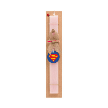 Superman, Πασχαλινό Σετ, ξύλινο μπρελόκ & πασχαλινή λαμπάδα αρωματική πλακέ (30cm) (ΡΟΖ)