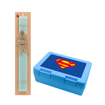 Superman, Πασχαλινό Σετ, παιδικό δοχείο κολατσιού ΓΑΛΑΖΙΟ & πασχαλινή λαμπάδα αρωματική πλακέ (30cm) (ΤΙΡΚΟΥΑΖ)