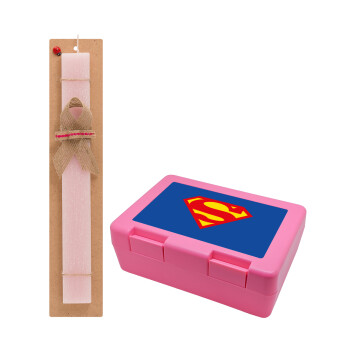 Superman, Πασχαλινό Σετ, παιδικό δοχείο κολατσιού ΡΟΖ & πασχαλινή λαμπάδα αρωματική πλακέ (30cm) (ΡΟΖ)