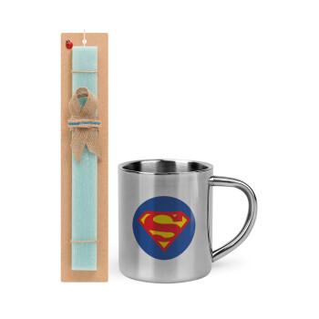 Superman, Πασχαλινό Σετ, μεταλλική κούπα θερμό (300ml) & πασχαλινή λαμπάδα αρωματική πλακέ (30cm) (ΤΙΡΚΟΥΑΖ)