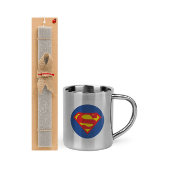 Superman, Πασχαλινό Σετ, μεταλλική κούπα θερμό (300ml) & πασχαλινή λαμπάδα αρωματική πλακέ (30cm) (ΓΚΡΙ)