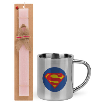 Superman, Πασχαλινό Σετ, μεταλλική κούπα θερμό (300ml) & πασχαλινή λαμπάδα αρωματική πλακέ (30cm) (ΡΟΖ)