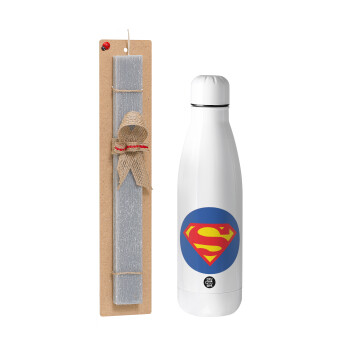 Superman, Easter Set, metallic stainless thermos bottle (500ml) & scented flat Easter candle (30cm) (GRAY)
