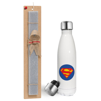 Superman, Πασχαλινή λαμπάδα, μεταλλικό παγούρι θερμός λευκός (500ml) & λαμπάδα αρωματική πλακέ (30cm) (ΓΚΡΙ)