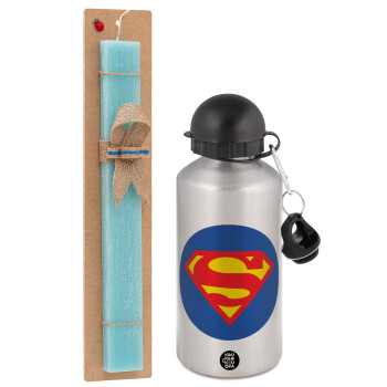 Superman, Πασχαλινό Σετ, παγούρι μεταλλικό Ασημένιο αλουμινίου (500ml) & πασχαλινή λαμπάδα αρωματική πλακέ (30cm) (ΤΙΡΚΟΥΑΖ)