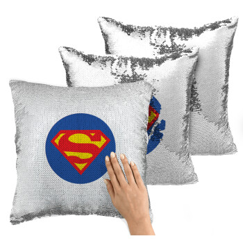 Superman, Μαξιλάρι καναπέ Μαγικό Ασημένιο με πούλιες 40x40cm περιέχεται το γέμισμα