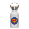Metallic thermos (Stainless steel) White with wooden lid (bamboo), double-walled, 350ml