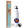 Easter Set, metallic stainless steel water bottle (750ml) & aromatic flat Easter candle (30cm) (TURQUOISE)