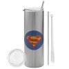 Tumbler stainless steel Silver 600ml, with metal straw & cleaning brush