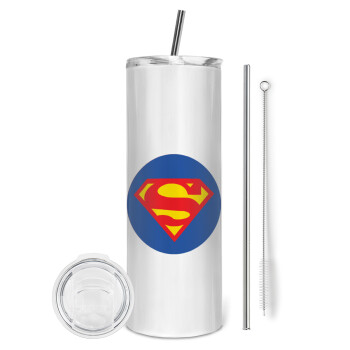 Superman, Eco friendly ποτήρι θερμό (tumbler) από ανοξείδωτο ατσάλι 600ml, με μεταλλικό καλαμάκι & βούρτσα καθαρισμού