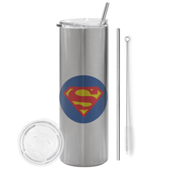 Superman, Eco friendly ποτήρι θερμό Ασημένιο (tumbler) από ανοξείδωτο ατσάλι 600ml, με μεταλλικό καλαμάκι & βούρτσα καθαρισμού