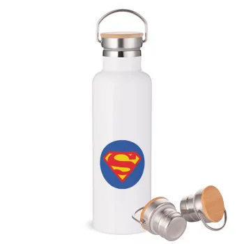 Superman, Μεταλλικό παγούρι θερμός (Stainless steel) Λευκό με ξύλινο καπάκι (bamboo), διπλού τοιχώματος, 750ml