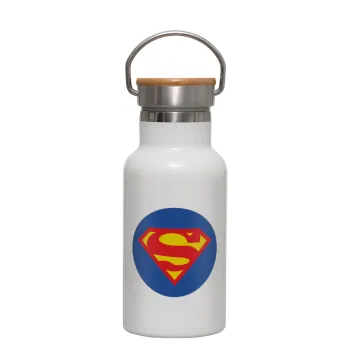 Superman, Μεταλλικό παγούρι θερμός (Stainless steel) Λευκό με ξύλινο καπακι (bamboo), διπλού τοιχώματος, 350ml
