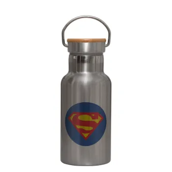 Superman, Μεταλλικό παγούρι θερμός (Stainless steel) Ασημένιο με ξύλινο καπακι (bamboo), διπλού τοιχώματος, 350ml