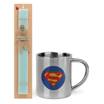 Superman, Easter Set, metallic thermal cup (300ml) & aromatic flat Easter candle (30cm) (TURQUOISE)