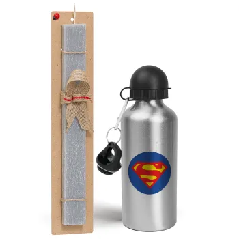 Superman, Easter Set, metallic silver aluminum water bottle (500ml) & aromatic flat Easter candle (30cm) (GRAY)