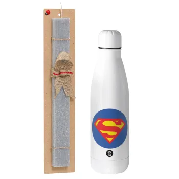 Superman, Easter Set, metallic stainless thermos bottle (500ml) & scented flat Easter candle (30cm) (GRAY)