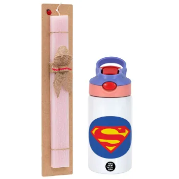 Superman, Easter Set, Children's thermal stainless steel water bottle with safety straw, pink/purple (350ml) & Easter scented flat candle (30cm) (PINK)