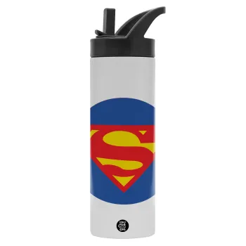 Superman, Metallic thermos bottle with straw & handle, stainless steel (Stainless steel 304), double-walled, 600ml.