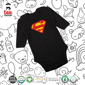 Superman, Μακρυμάνικο βρεφικό φορμάκι, 0-18 μηνών, ΜΑΥΡΟ, 100% Organic Cotton