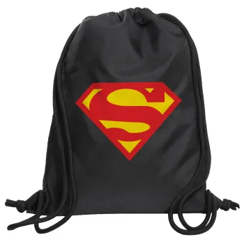 Superman, Τσάντα πλάτης πουγκί GYMBAG Μαύρη, με τσέπη (40x48cm) & χονδρά κορδόνια