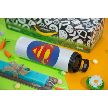 Superman, Easter candle,Travel Tumbler 2 Lids, with metal straw & cleaning brush & aromatic flat candle (30cm) (BLUE)