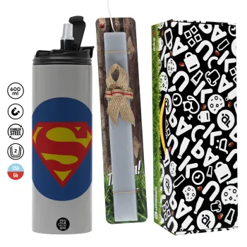 Superman, Easter candle with Grey Tumbler Thermo 600ml & aromatic flat candle (30cm) (GREY)