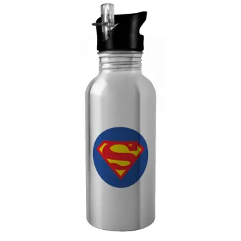 Superman, Water bottle Silver with straw, stainless steel 600ml